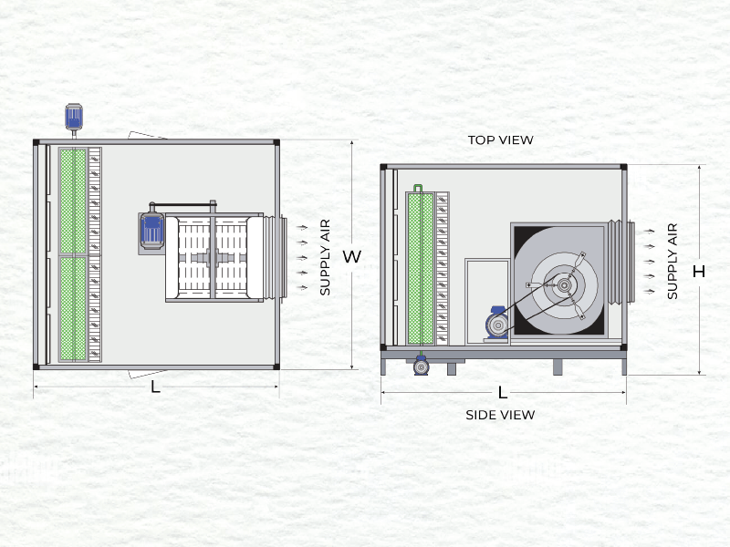 HVAC unit technical drawing with elevation and plan views