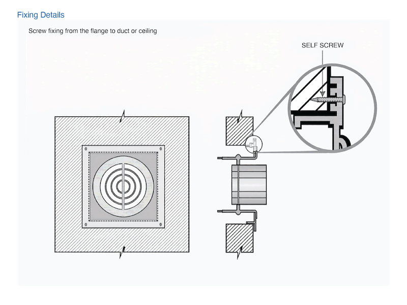 Square diffuser mounting detail with fixing and sectional views