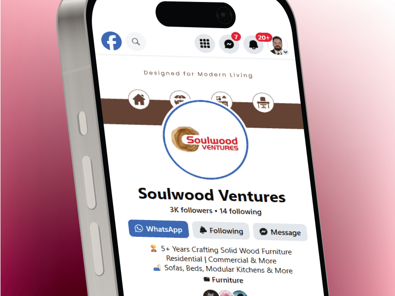 Branded Facebook page layout displayed on smartphone mockup