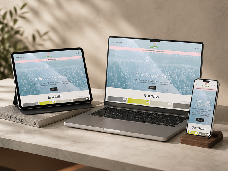 Website design displayed on laptop, tablet, and smartphone screens